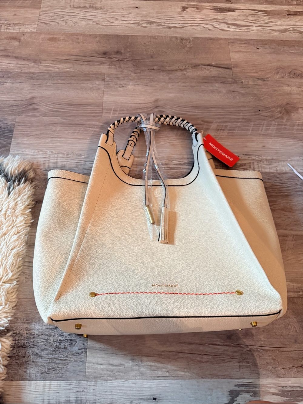 Montemare Cream Tote Bag with Braided Handles nwt